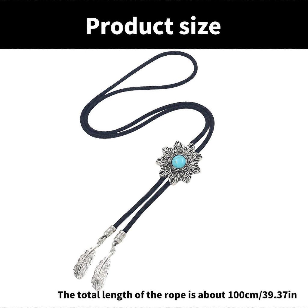 Men's Sun Turquoises Stone Feather Pendant Bolo Tie Braided Rope Necktie Necklace Shirt Collar Chain Cowboy Neckwear White