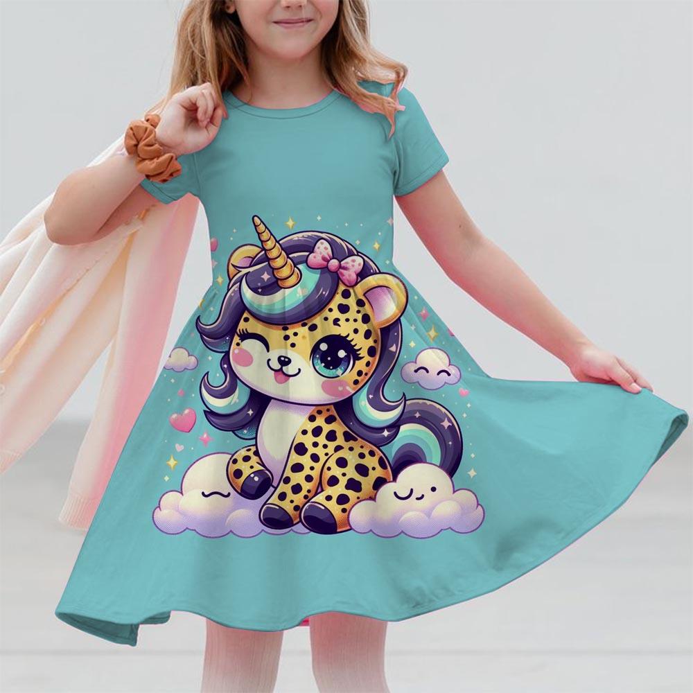 Robes d'été pour filles Licorne Enfants Robe à manches courtes Dessin animé Tout-petits Décontracté Robes droites Vêtements pour enfants 3-12 ans