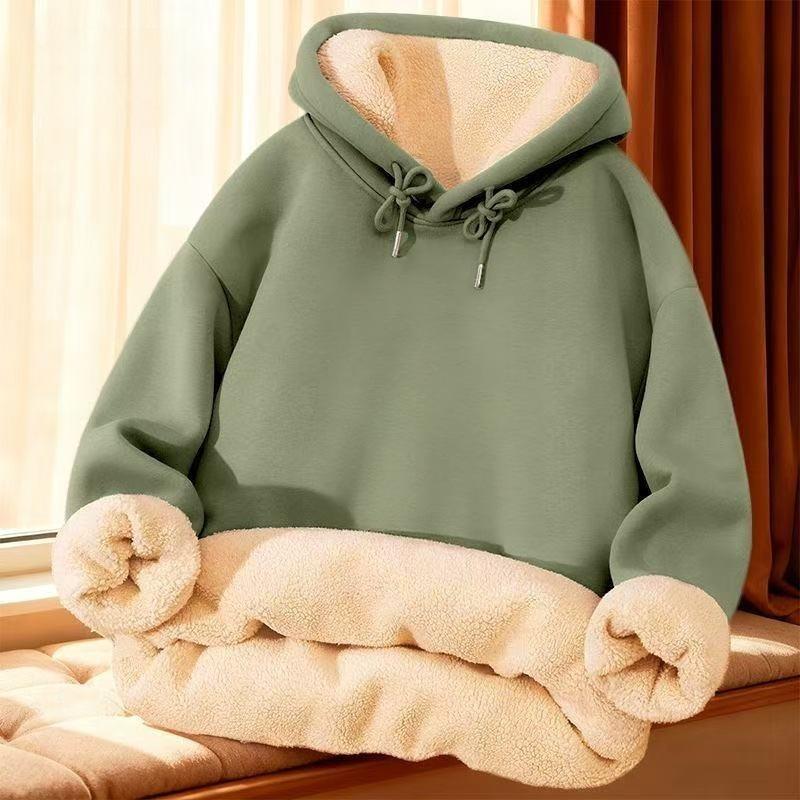 Men's Lambswool Hooded Sweatshirt, Plus Velvet, Warm and Loose for Autumn/Winter.
