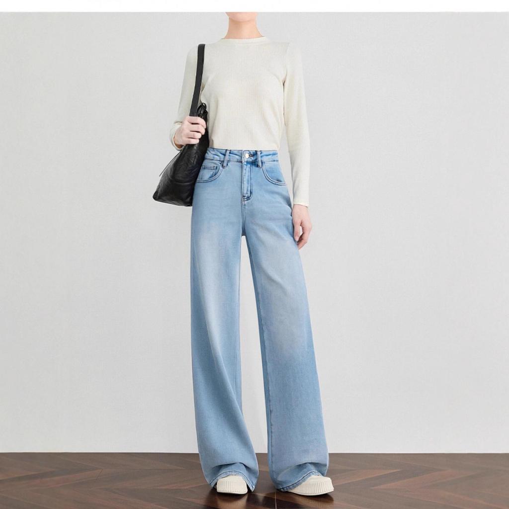 Li Shaonü Women's Fleece-lined Blue High-waisted Wide-leg Jeans - Winter 2026 Collection