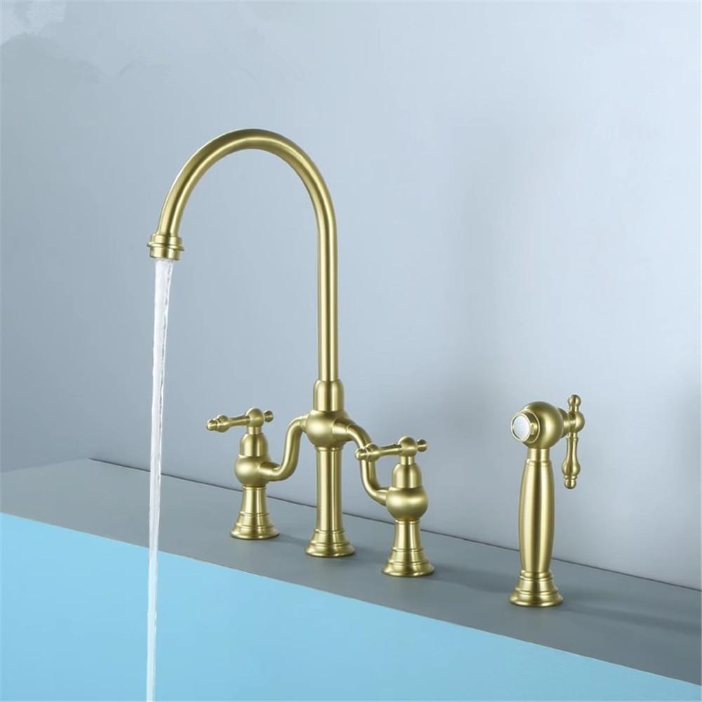 Tuqiu Brushed Gold Kitchen Faucet with Hand shower Head Black Pot Filler Tap Deck Mounted Hot Cold Black Sink Tap Spout Brass