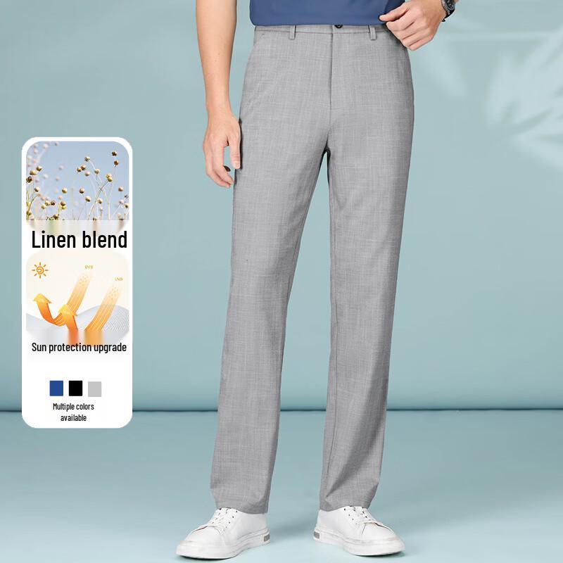 Men s Business Casual Straight-Leg Linen Blend Trousers 40