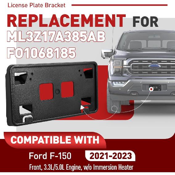 Front License Plate Bracket Compatible with 2021-2023 Ford F150 3.3L 5.0L Bumper License Plate Holder Frame Replacement for ML3Z17A385AB FO1068185