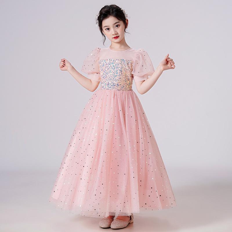 Girls' Sequin Puff Sleeve Princess Dress - Long Mesh Flower Girl Wedding Summer Formal Attire