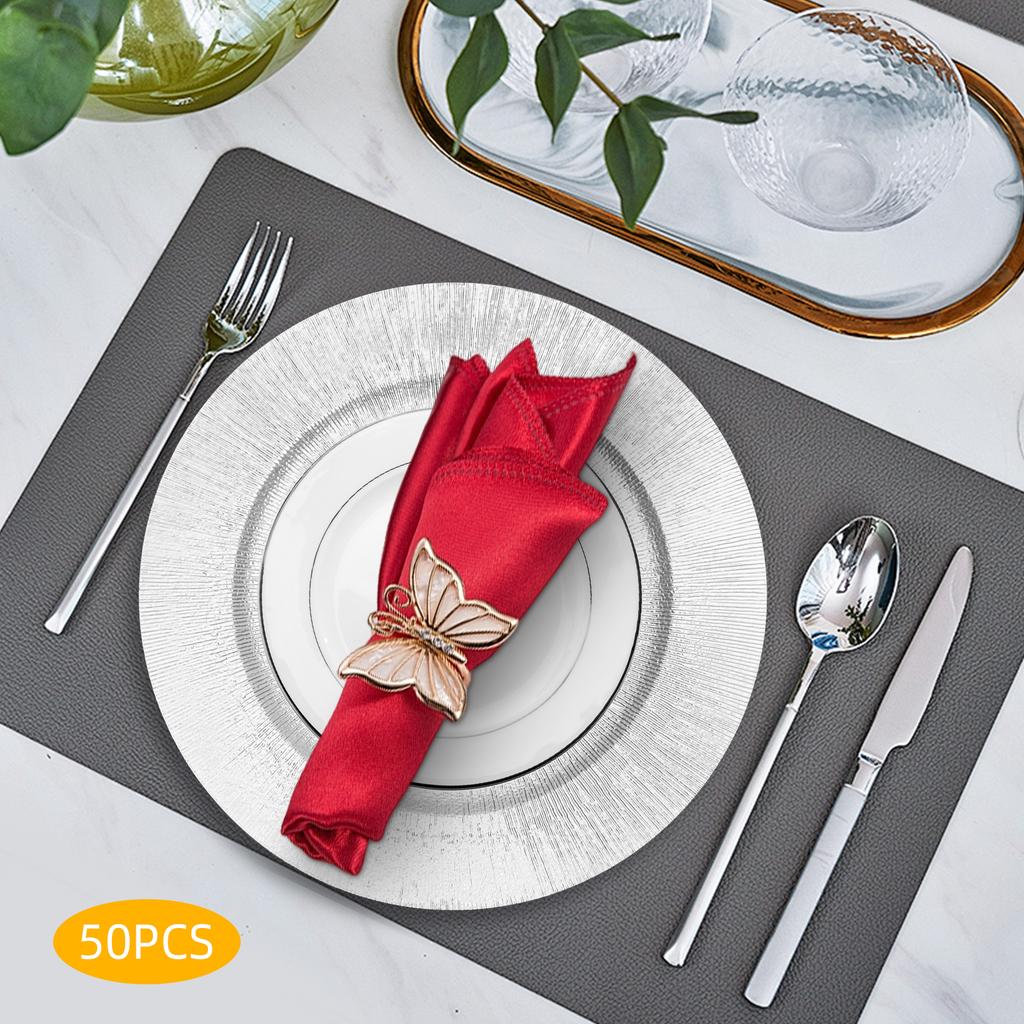 50pcs Silver Charger Plate Set - Round Modern Disposable Plates for Wedding, Party, Banquet - Elegant PP Plastic Serving Trays