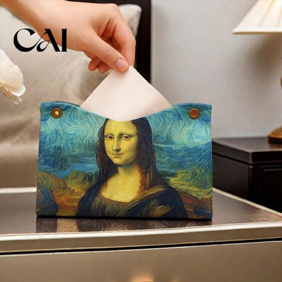 Decorative Paper Dispenser Leather Tissue Box Cover, Foldable Desktop Organizer, Oil Painting Style Napkin Holder Case, Storage Facial Organizer