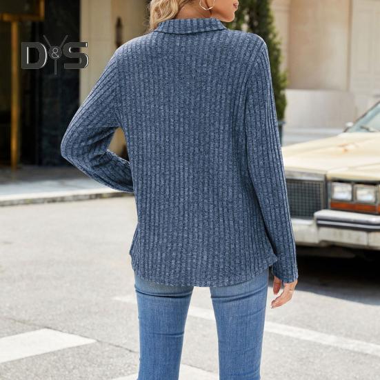 Pull Femme Revers Col V Design Poche Poitrine Manches Longues Couleur Unie Tricot Tops Maille Côtelée Pull Décontracté