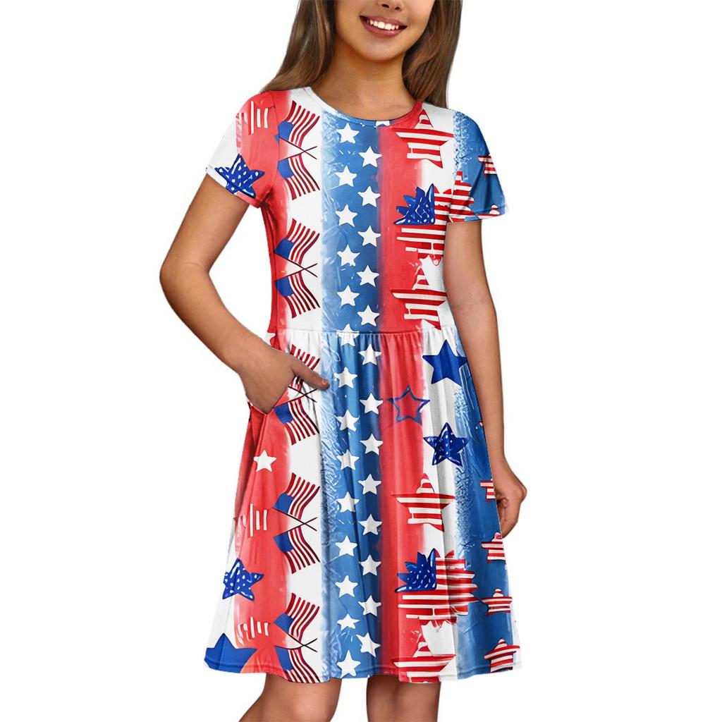 Girl Summer Dress  Solid Color & Print Sleeveless Dress With Pocket Casual Dress Shorts Sleeve Party Dress
