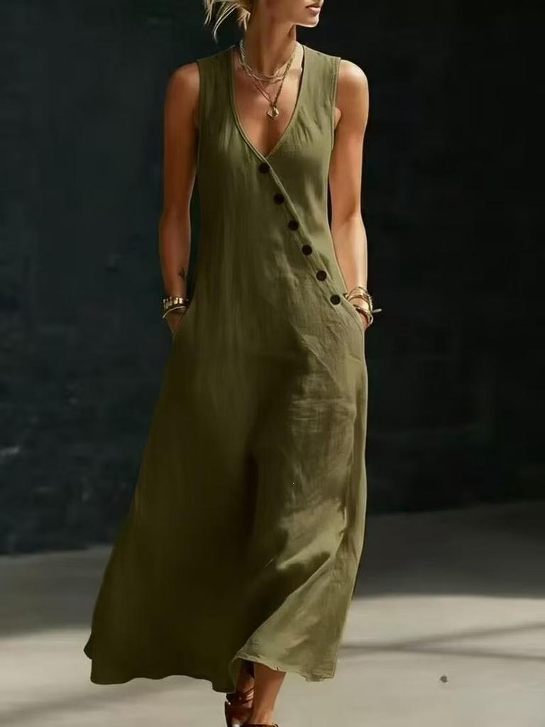 Spring and Summer European and American Lazy Style V-neck Breasted Sleeveless Vest Anti-cotton and Linen Casual Dress
