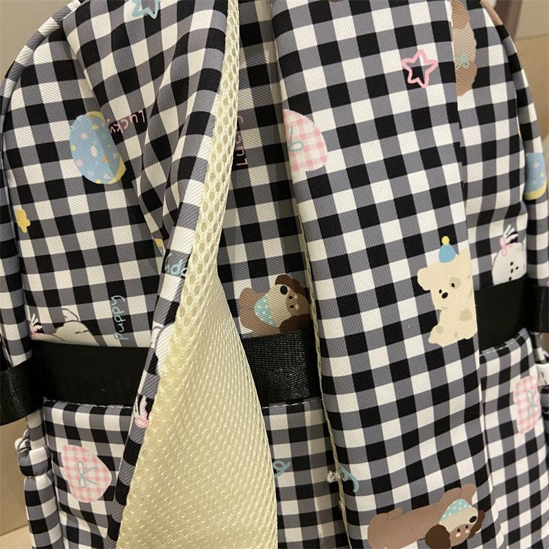 Cartoon Cat Pattern Women's Backpack Plaid Schoolbag
