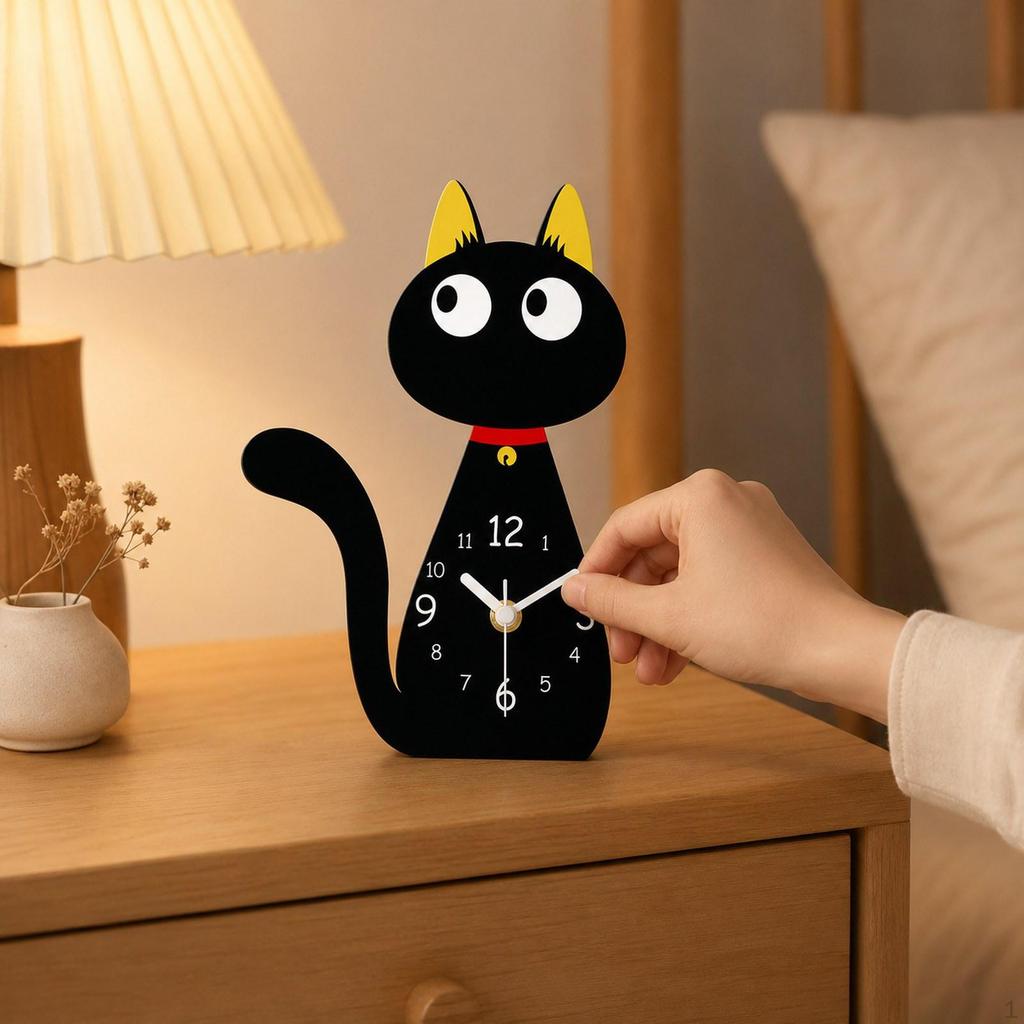 Cat Motif Table Clock, Unique, Compact, Silent, for Bedroom, Office Or Living Room.