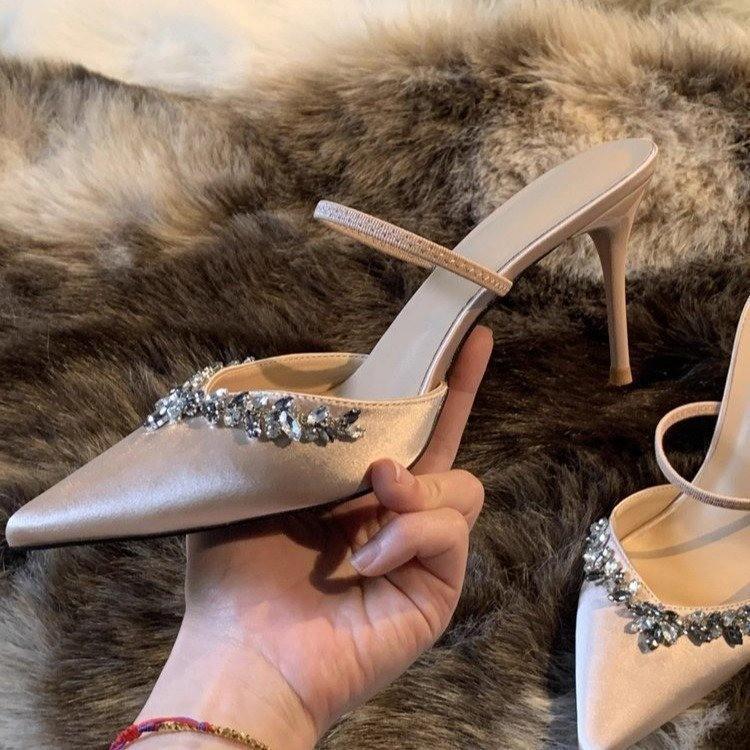 Popular beautiful bag head cool slippers women's 2025 spring and summer new apricot pointed head thin heel sexy word with high heels