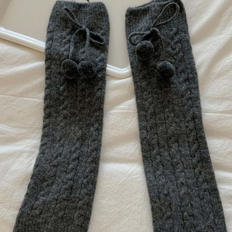 Fashionable Plush Balls Bows Adorned Leg Warmers for Women's Cable Knitted Stretchy Leg Covers Sleeves Calf Socks