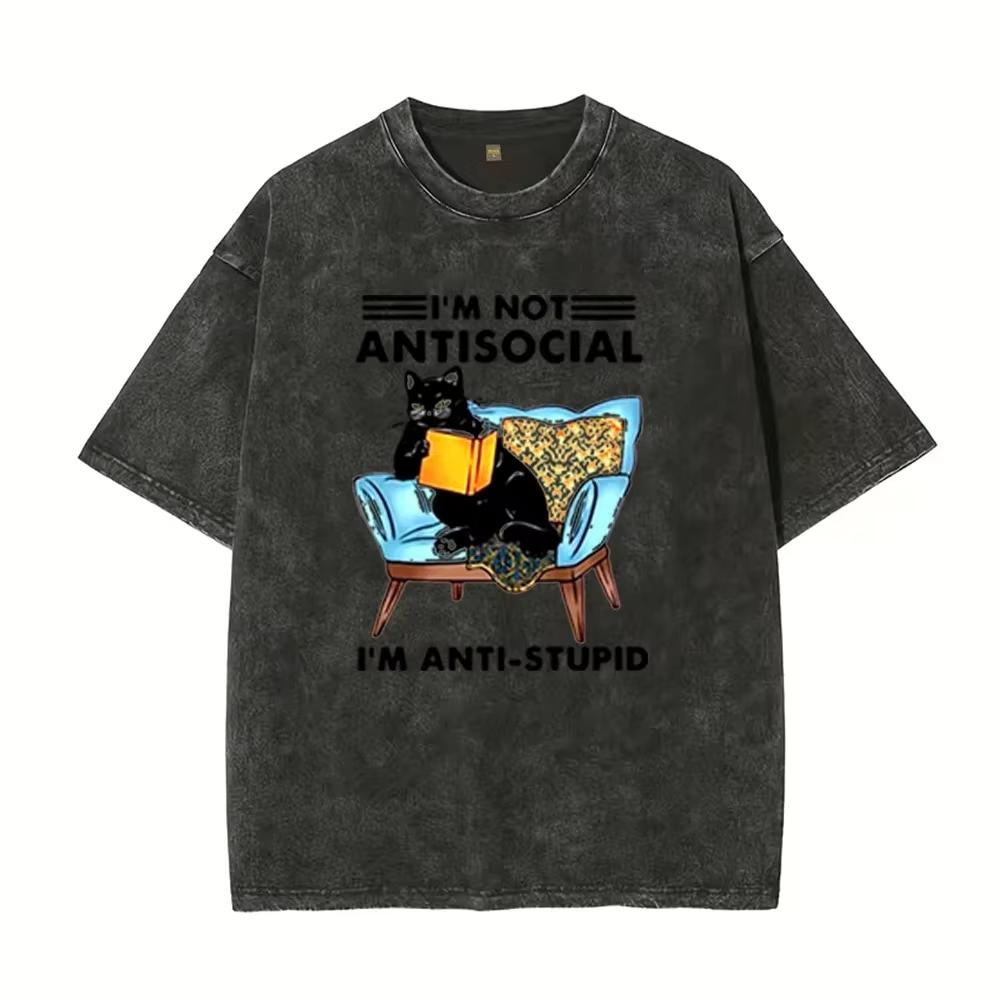 Fun Cat Reading Pattern Printed T-Shirt for Teenage Boys and Girls, Cotton Round Neck Fashionable Short Sleeved T-Shirt S