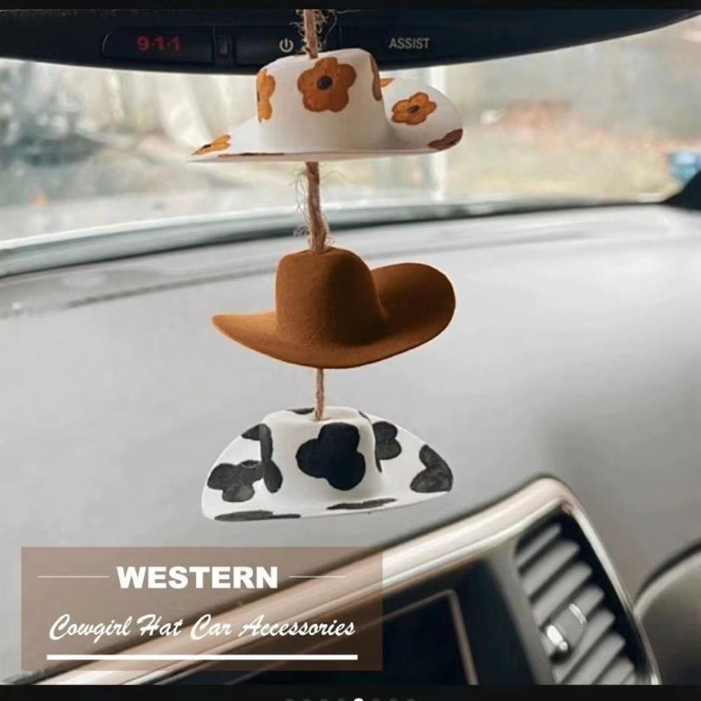 Mini cap Rearview Mirror Pendant Cow pattern Cowboy Hat Car Decoration Car Pendant  Auto Interior