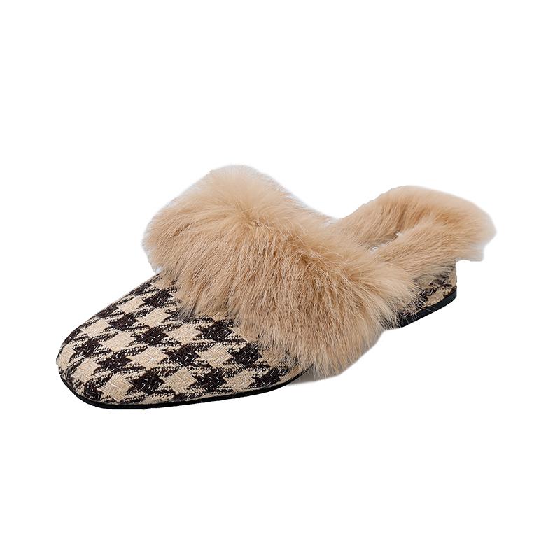 Fashion Aphixta Winter Gingham Upper Long Real Rabbit Fur Plush Women Slippers Nature Warm Furry Shoes Square Toe Flat Heel Hair Slides