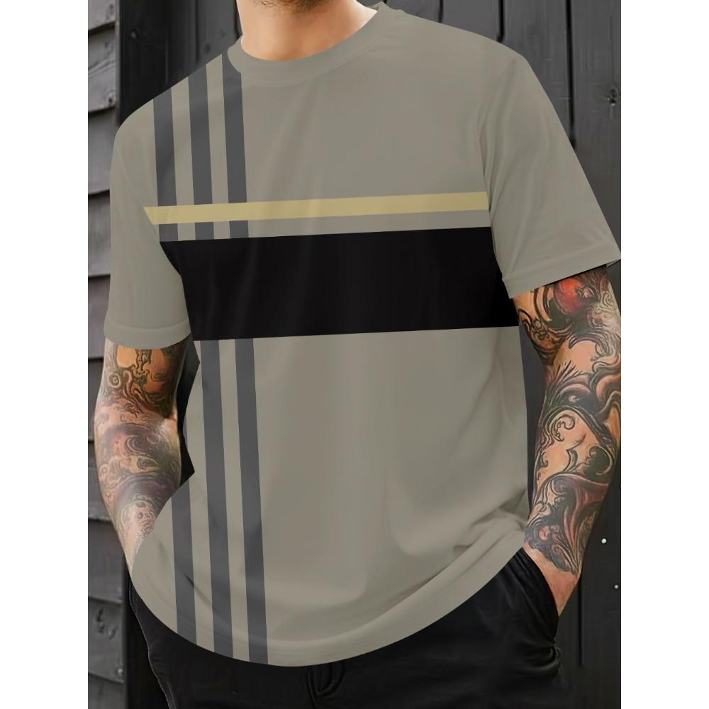 Fashionable and minimalist men's T-shirt with striped printed short sleeved shirt, oversized top for summer