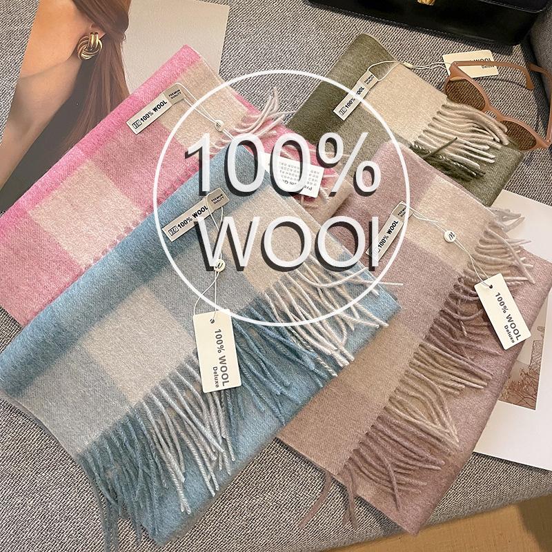 Luxury Winter 100% Wool Scarf Women Plaid Cashmere Handkerchief Warm Pashmina Female Shawl Pareo Soft Bufanda Scarves Stole