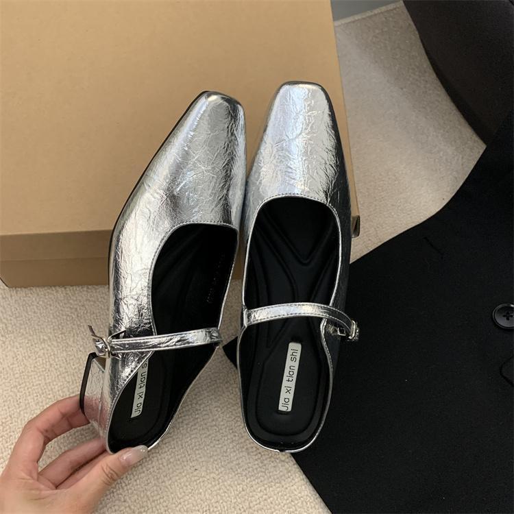 Baotou half slippers women's summer outer wear spring and autumn new Korean version French evening breeze temperament silver single shoes thick heel
