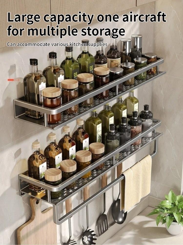 Aluminum Kitchen Wall-Mounted Spice Storage Rack Condiment Rack Multifunctional Household Utensil Rack Kitchen Hanging Organizer