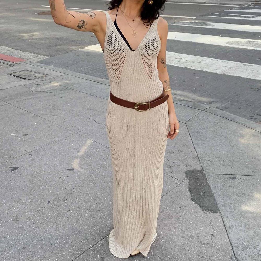 2026 summer European and American ins women's clothing new hollow perspective suspender knitted V-neck sleeveless backless long skirt women