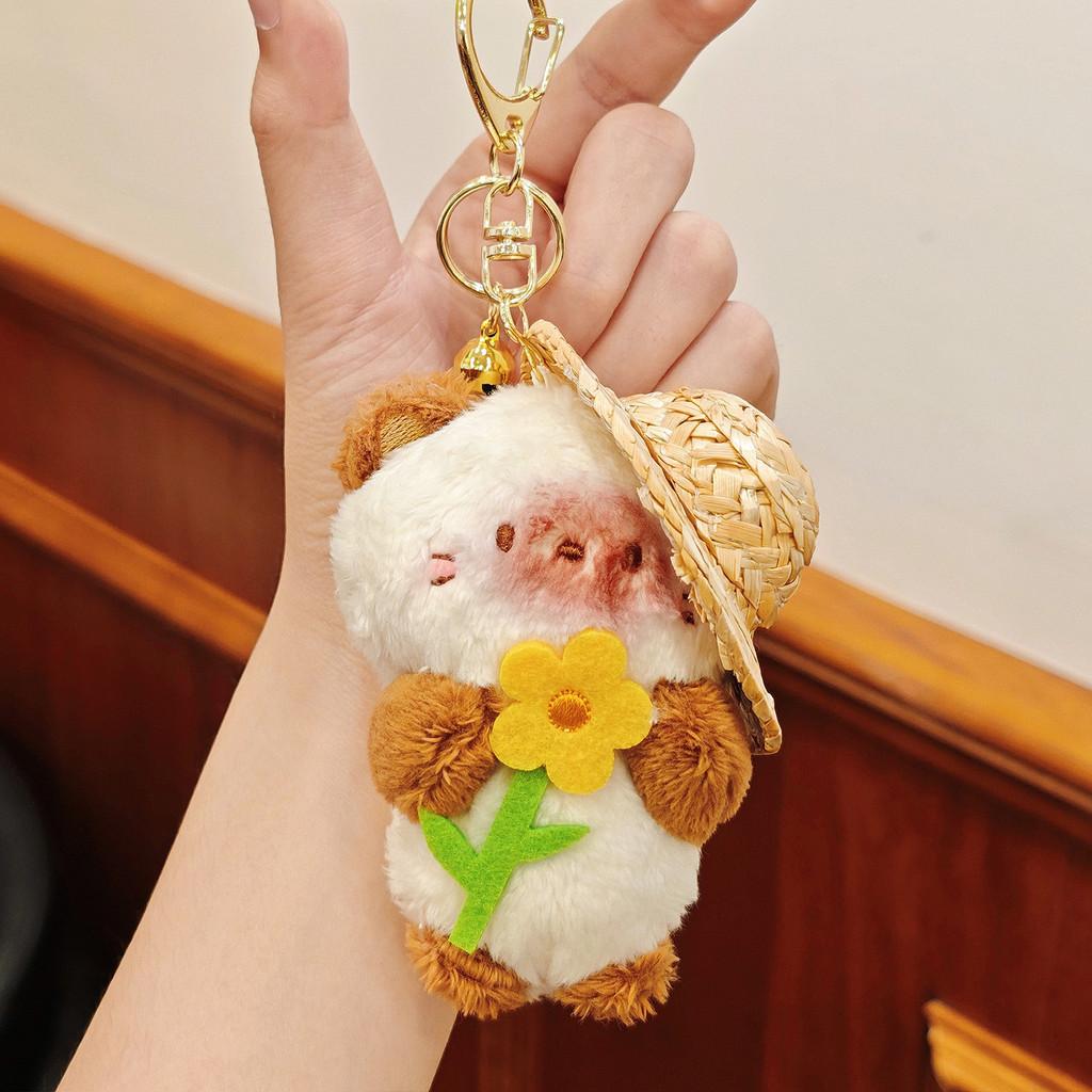 Keyring Cat Plush With Straw Hat And Flower Holding Design For Gift Collector