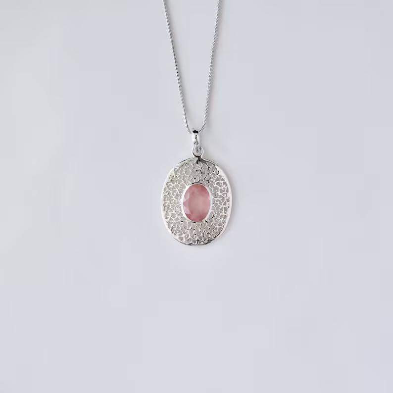 Ciondolo in Quarzo Rosa, Collana Statement, Ciondolo Fatto a Mano in Argento Sterling 925 Per Donna