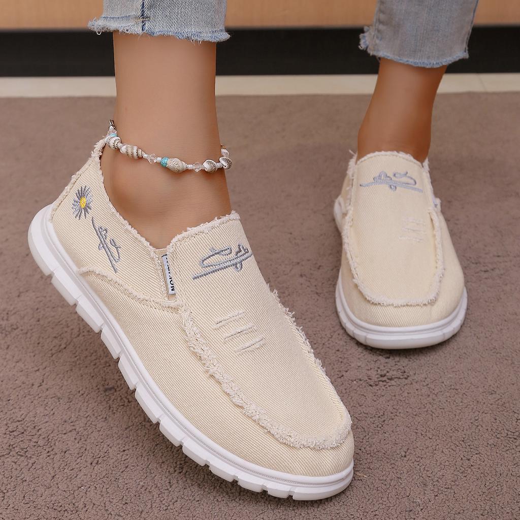 Canvas Slip-On Flats, Frayed Cut Collar Trim, Daisy Vine Stitch Graphic Diamond Lattice White Outsole Commute Lifestyle Shoes