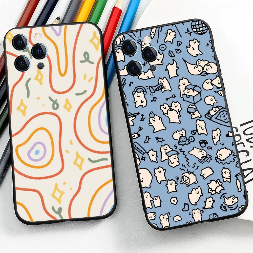 Cute Pattern For IPhone 13,17,11,12,16,14,15,Plus,Pro Max Soft Silicone Black Phone Case