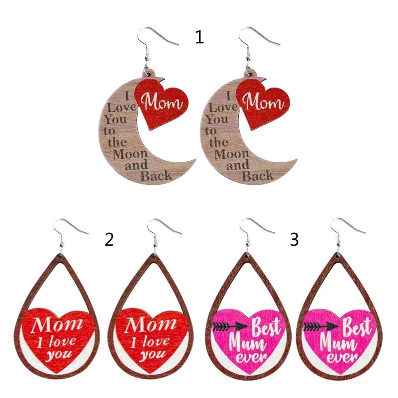 1 Pair 2023 Cut Wooden MOM I LOVE YOU Teardrop Heart Wood Dangle Earrings for Mom Mother Day Gift Novel Wood Jewelry