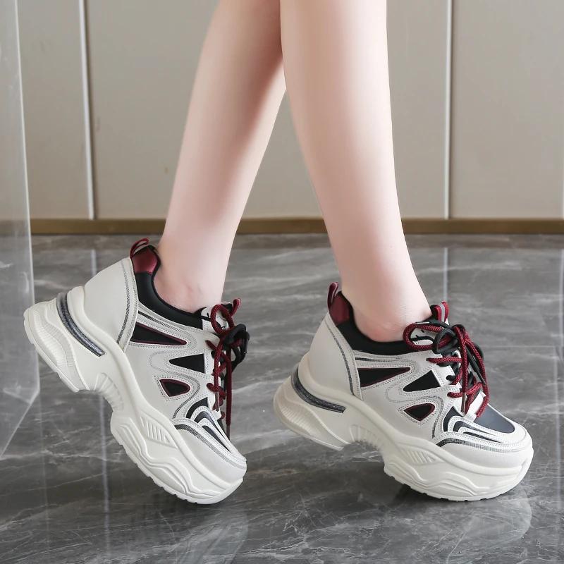 Fashion Mix Color Platform Sneakers Women Spring Pu Leather Thick Bottom Vulcanize Shoes Female Lace-Up Non-Slip Sports Shoes Ladies