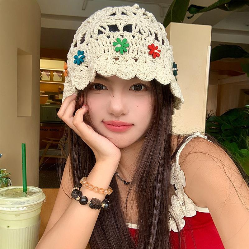 Hand Crocheted Flower Knitted Hat Children's Autumn Face Small Versatile Wool Hat Big Head Circumference Hollow Hat