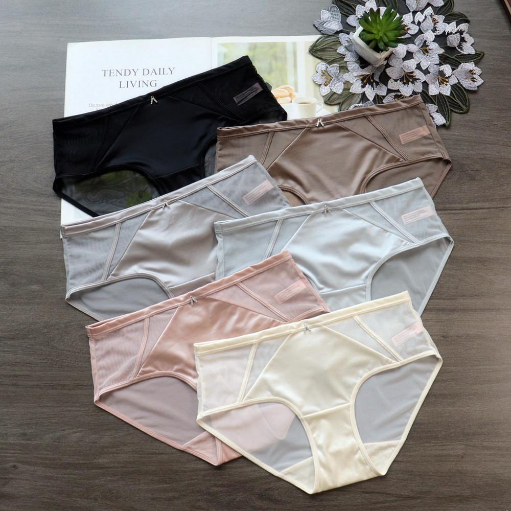 Women's Satin Sexy Mesh Low Waist Breathable Comfortable Antibacterial Extended Cotton Briefs Underwear