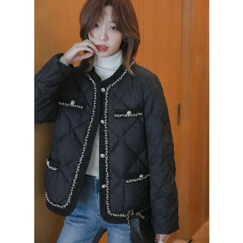 

Tide Does Not Fade! Graceful Handmade Beads Single-Breasted round Neck Long sleeve Cotton-Ginned Rhombus Cotton-Padded Coat New Cotton-padded jacket Black XL