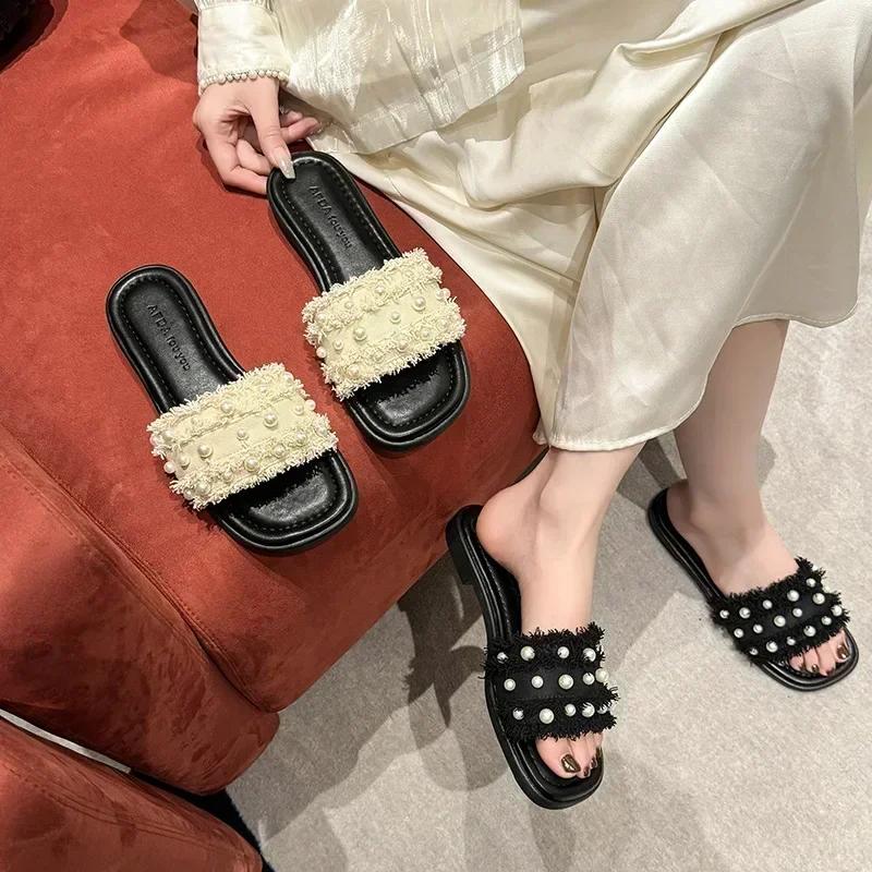 Fashion Summer 2024 Women Flat Pearl Sandals Fashion Open Toe Slides Dressy Casual Flip Flops Comfy Slip on Slippers Shoes for Women