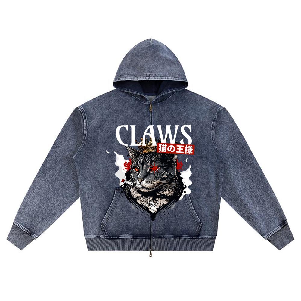 

DTG print Knitted Denim Zip-Up Hoodie Claws Cat Brother Print Zipper Hoodies XL темно-синий