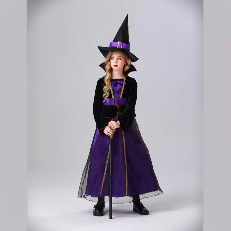 Kids Halloween Witch Costume Girls Stage Performance Dress Cosplay Party Outfit Purple