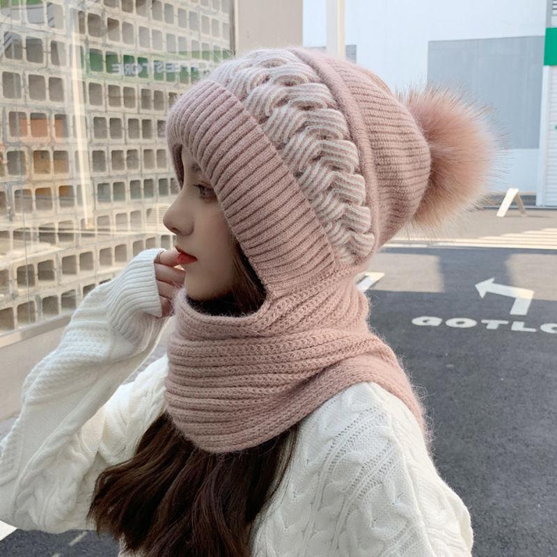 Damen Winter Koreanischer Stil Vielseitig Fleecegefüttert Verdickt Warm Integrierte Mütze und Schal Ohr-Gesichtsschutz Gestrickte Wollmütze Nackenwärmer