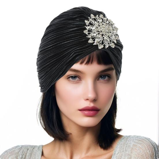 Headscarf Hat with Fancy Pleats Rhinestones Retro Style Women Turban Hat 20s 30s Vintage Headpiece Hair Accessories