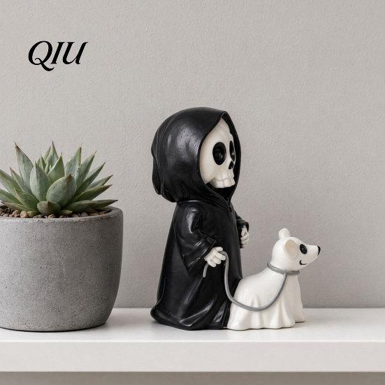 Black Ghost Puppy Figurine Grim Reaper & Ghostly Resin Figurine, Robed Skeleton with Cute Statue Dog Halloween Statue, Dark Gothic Decor