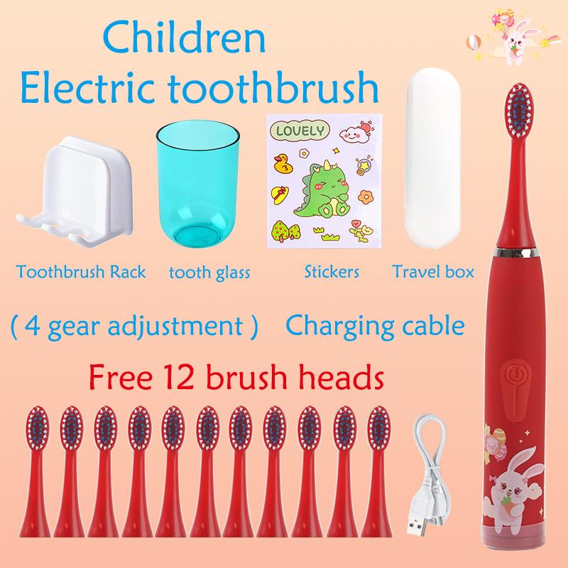 Elektrische Schallzahnbürste für Kinder, wasserdicht, per USB wiederaufladbar, Timer mit Ersatzkopfbecher, Zahnbürstenhalter, Reisebox-Set