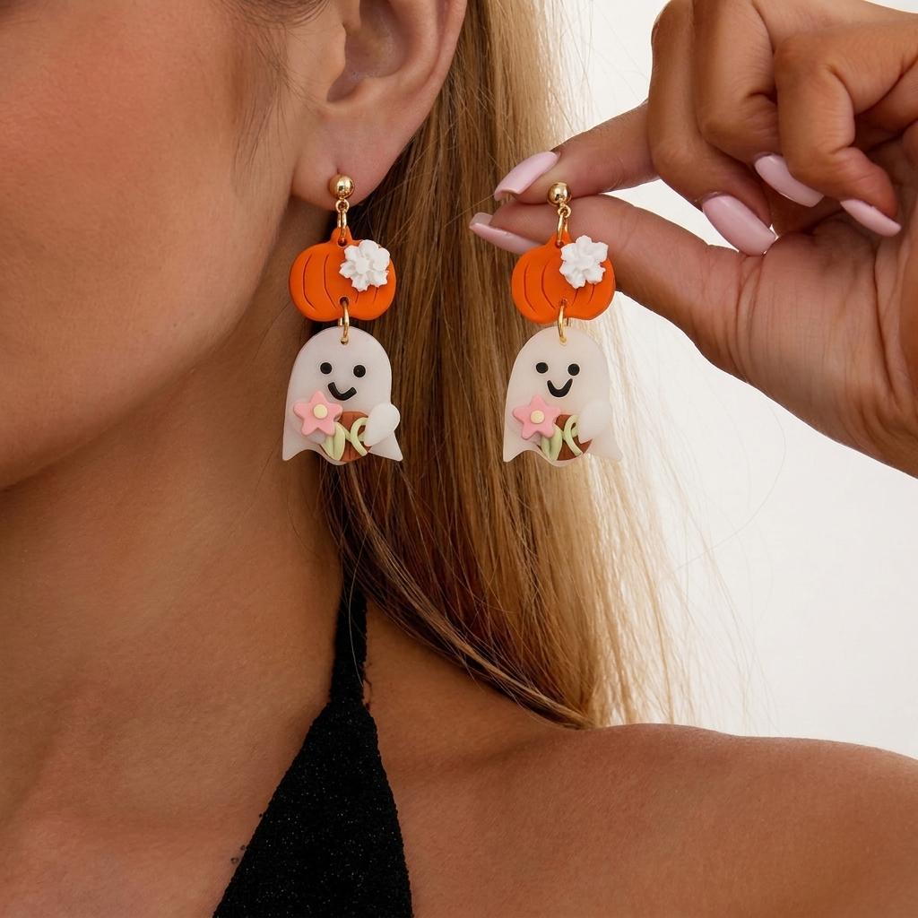 Creative Halloween Ghost Pumpkin Dangle Earrings for Women Lightweight Cartoon Bat Cat Flower Earrings Festival Jewelry Gifts