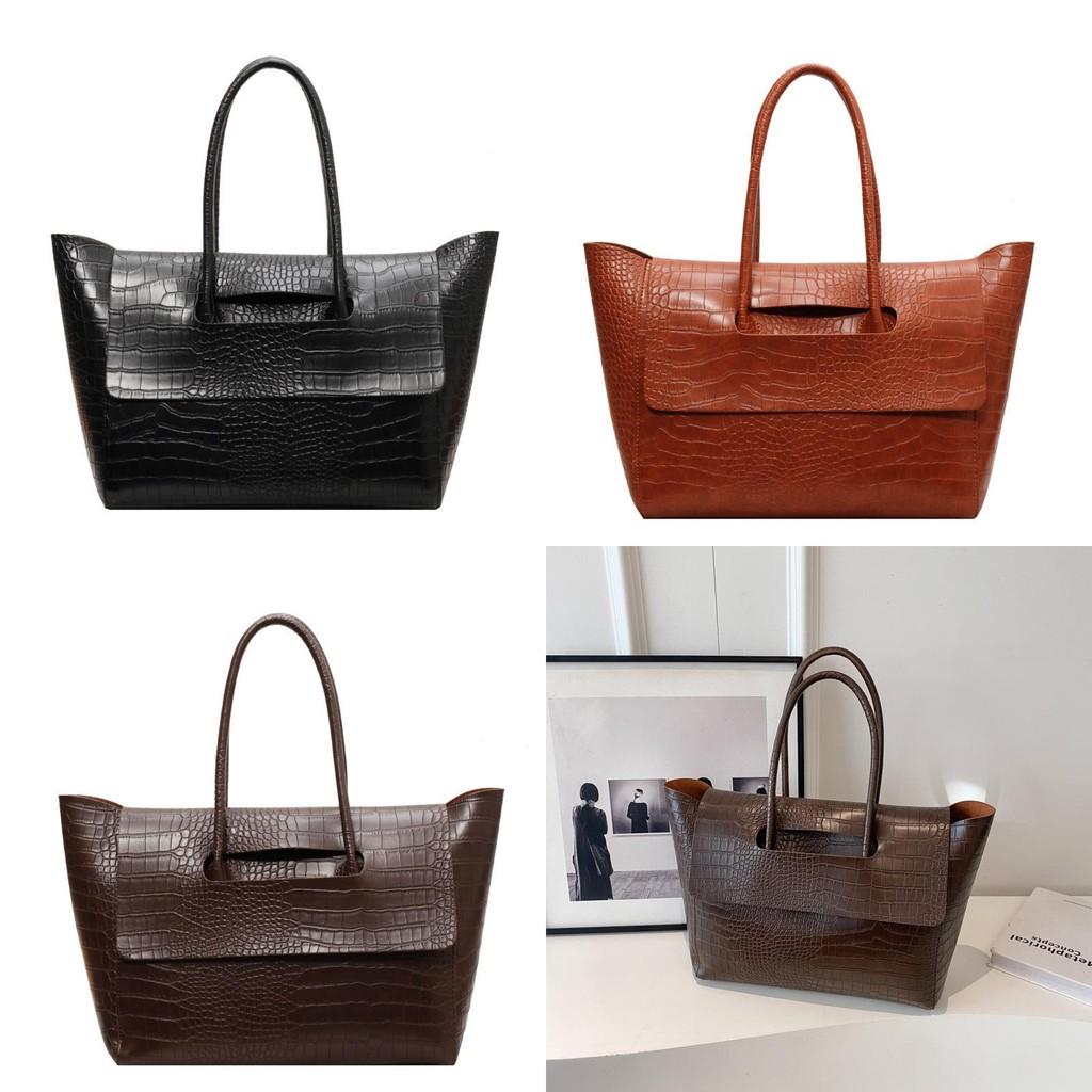 Color Simple Solid Crocodile Texture Women Large Capacity Shoulder Bag Tote