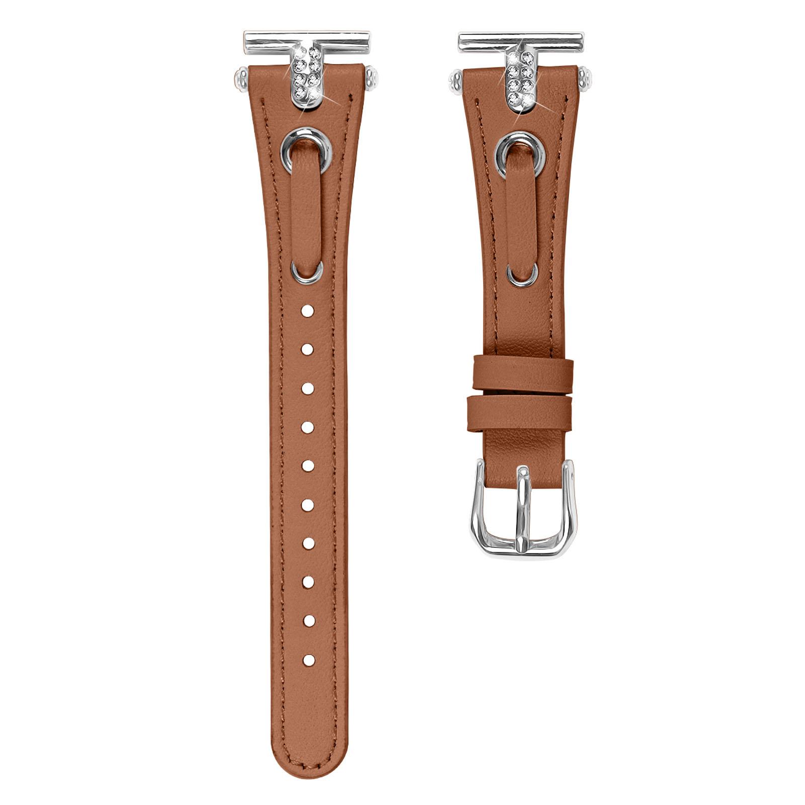 

For Garmin Forerunner 245/245 Music Genuine Cow Leather Watchband Rhinestone Decor Strap (Silver Connector) Brown