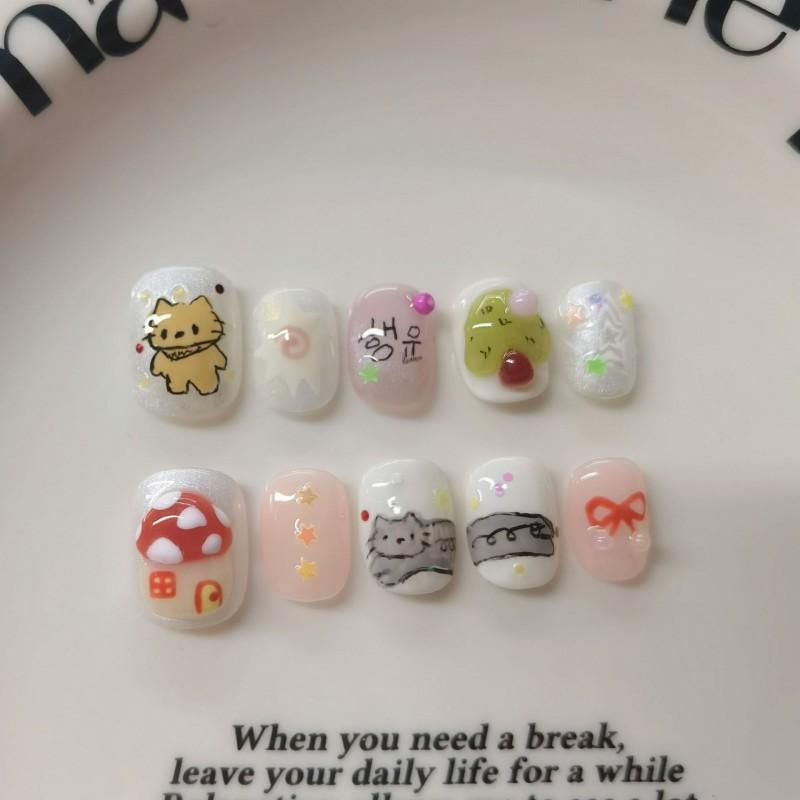Short Sweet Cat Eye Press-On Nails Hand-Painted Cute Design DIY Nail Art Set Women Teens