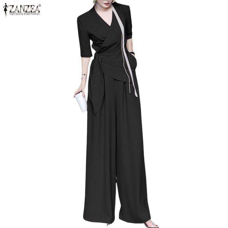 ZANZEA Womens Casual V-Neck Half Sleeve Wrap Tie Top and Loose Pants Two Piece Suit Sets