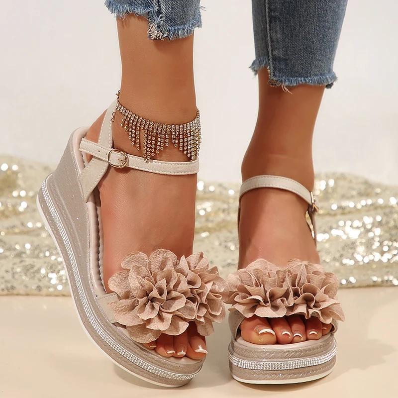 Fashion Vintage Flowers Wedge Heel Sandals Women Summer Beach Non Slip Platform Sandals Woman Ankle Srtrap Thick Bottom Sandalias Mujer