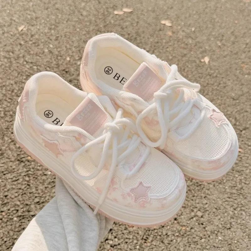 Spring Women Breathable Sneakers Cute Pink Star Shoes Thick Heel Sneakers Shoes Casual Running Platform Lolita Sports Shoes