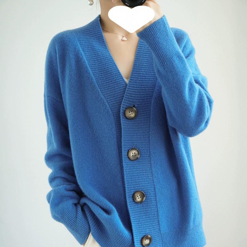 Spring and Autumn Loose Plus Size Cardigan Women's V-neck Knitted Sweater Solid Color Button Lazy Jacket Top