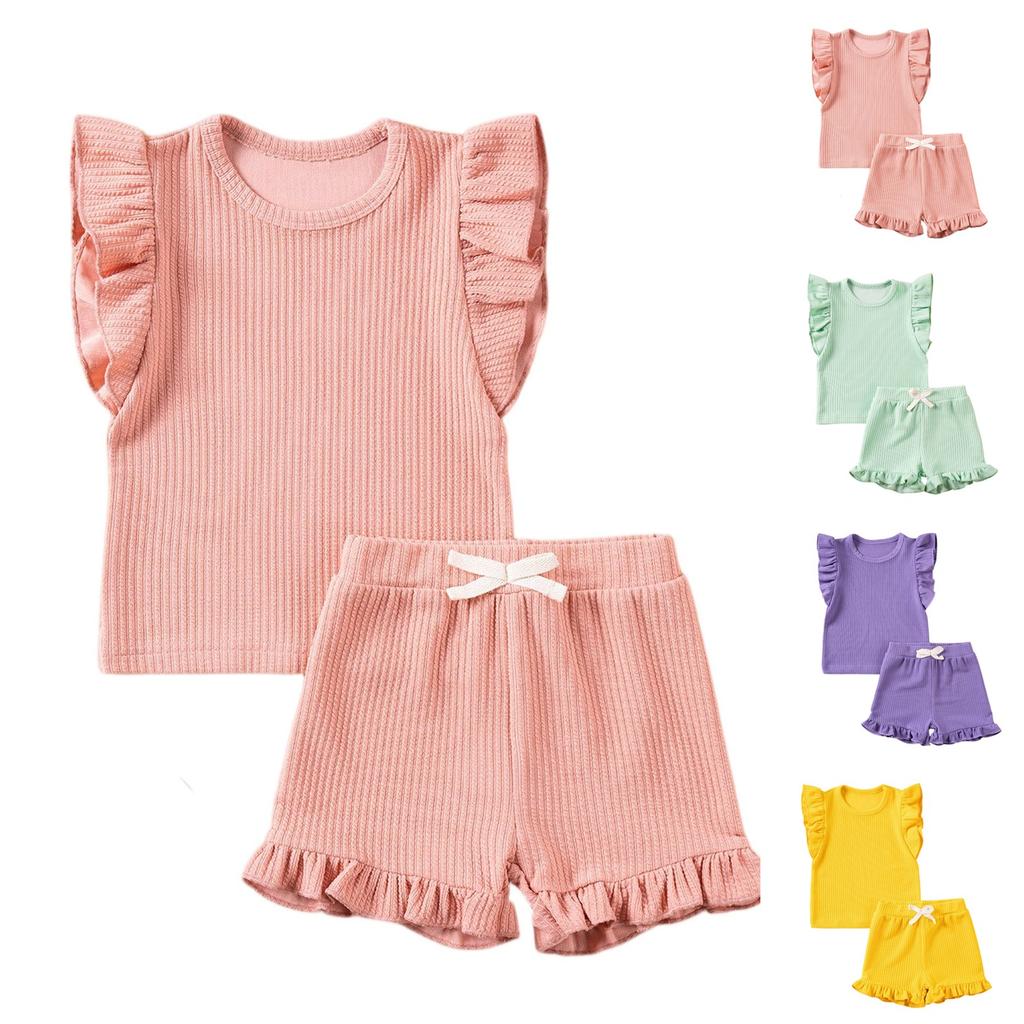 Girls' Ribbed 2-Piece Set - Solid Color Top & Pants
